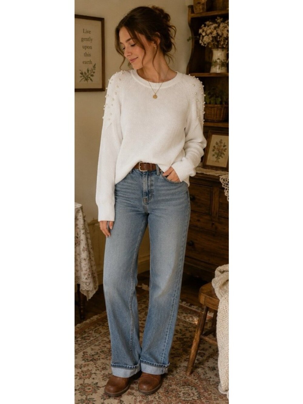 INC International Concepts Pearl Trim White Sweater Small Preppy Cottagecore Fem
